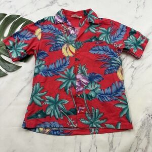 Hilo Hattie Mens Vintage Hawaiian Shirt Size L Red Green Tropical Floral Aloha